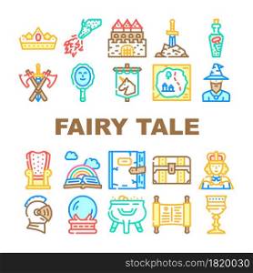 Fairy Tale Story Medieval Book Icons Set Vector. Castle And Knight Armour Equipment, Magician And Witch Fairy Tale Character, Magic Mirror And Glass Sphere, Dragon And King Line. Color Illustrations. Fairy Tale Story Medieval Book Icons Set Vector