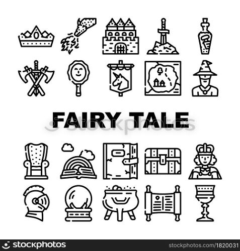 Fairy Tale Story Medieval Book Icons Set Vector. Castle And Knight Armour Equipment, Magician And Witch Fairy Tale Character, Magic Mirror And Glass Sphere, Dragon And King Contour Illustrations. Fairy Tale Story Medieval Book Icons Set Vector