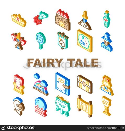 Fairy Tale Story Medieval Book Icons Set Vector. Castle And Knight Armour Equipment, Magician And Witch Fairy Tale Character, Magic Mirror And Glass Sphere, King Isometric Sign Color Illustrations. Fairy Tale Story Medieval Book Icons Set Vector