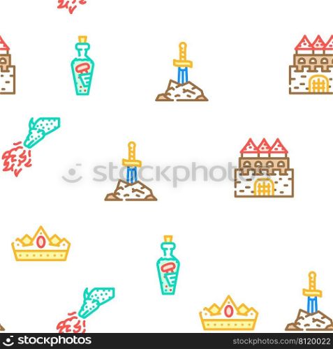 Fairy Tale Story Medieval Book Vector Seamless Pattern Color Line Illustration. Fairy Tale Story Medieval Book Icons Set Vector