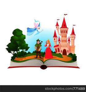 Fairy tales book. Fantasy tale characters, magic life library. Open book with fantasy kingdom castle. Kids dream vector background fairty child comic reading illustration. Fairy tales book. Fantasy tale characters, magic life library. Open book with fantasy kingdom castle. Kids dream vector illustration