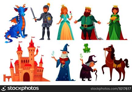 Fairy tales characters. Fantasy knight and dragon, prince and princess, magic world queen and king with castle tale magic. Fairytale isolated cartoon vector icons set. Fairy tales characters. Fantasy knight and dragon, prince and princess, magic world queen and king isolated cartoon vector set