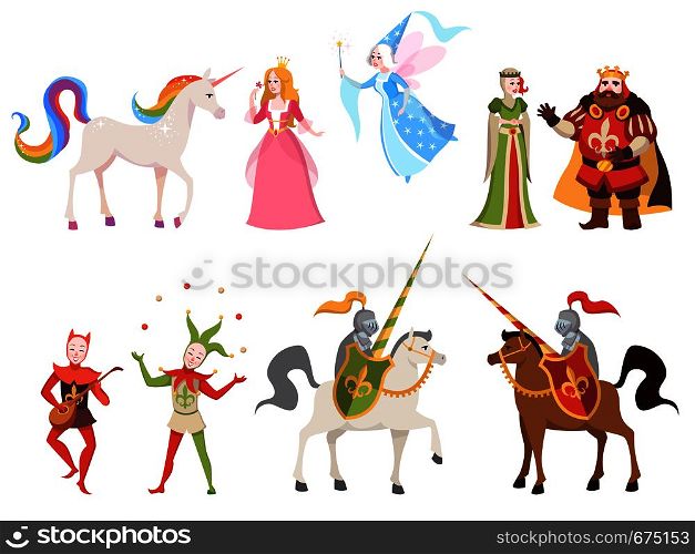 Fairy tales characters. Wizard knight queen king princess prince medieval fairy castle dragon magic set cartoon, vector fun story illustration. Fairy tales characters. Wizard knight queen king princess prince medieval fairy castle dragon magic set cartoon, vector illustration