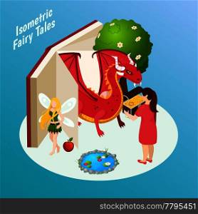 Fairy tales isometric composition on blue background with open book, fabulous characters, treasure chest vector illustration. Fairy Tales Isometric Composition