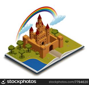 Fairy tales open book with 3d medieval castle rainbow orchard and pond isometric composition vector illustration . Fairy Tale Castle Isometric Composition