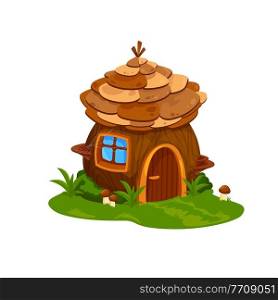 Fairy wooden house or dwelling of wizard. Vector fairytale home for dwarf or gnome with wood door, spider web on window and cone roof. Cute cartoon fantasy building on field with grass and mushrooms. Fairy wooden house or dwelling of wizard, home