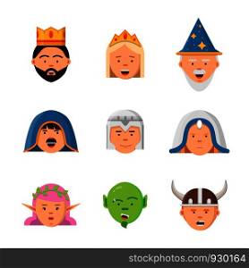 Fairytale avatars collection. Fantasy game characters warrior queen barbarian goblin princess vector mascot in flat style. Warrior characterer and princess royal illustration. Fairytale avatars collection. Fantasy game characters warrior queen barbarian goblin princess vector mascot in flat style
