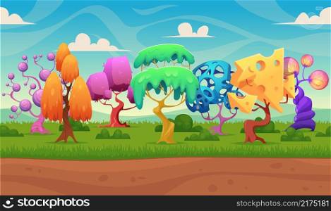 Fairytale background. Fantasy trees night lighting wood forests lanterns glowing fairytale effects in cartoon style vector colored illustrations. Wood forest fairytale, woods day with colored tree. Fairytale background. Fantasy trees night lighting wood forests lanterns glowing fairytale effects in cartoon style exact vector colored illustrations