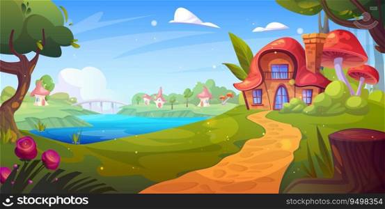 Fairytale cartoon fantasy brick house in forest vector. Magic fairy tale village with home building near tree and river water. Walk road to wooden elf residence in green nature countryside background. Fairytale cartoon fantasy house in forest vector