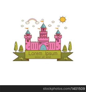 FairyTale cartoon pink castle. Cute cartoon castle. Fantasy flying island with fairy tale palace in ribbon on white background Vector illustration