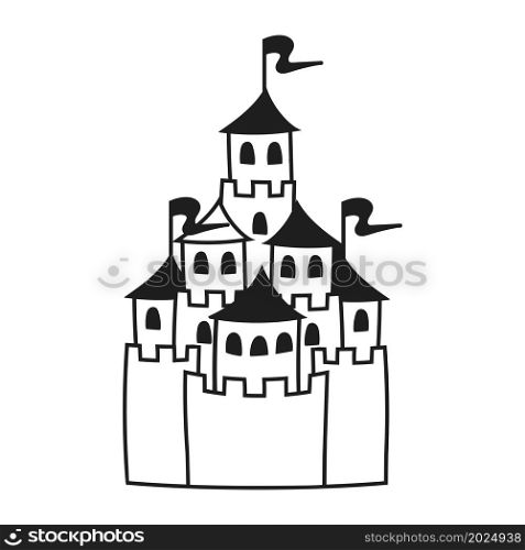 Fairytale castle. Coloring book page for kids. Cartoon style. Vector illustration isolated on white background.