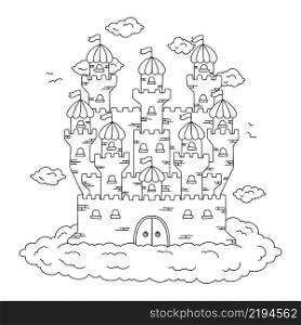 Fairytale castle. Coloring book page for kids. Vector illustration isolated on white background.