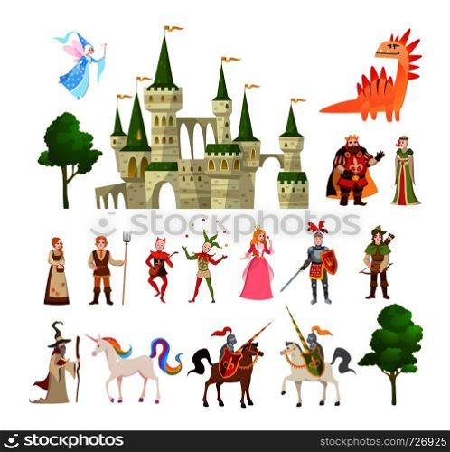 Fairytale characters. Fantasy medieval magic dragon, unicorn, princes and king, royal castle and knight, vector magic story set. Fairytale characters. Fantasy medieval magic dragon, unicorn, princes and king, royal castle and knight vector set
