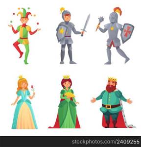 Fairytale characters. Historical medieval people, king and queen, princess and knight, jester. Woman and man of middle age and legends. Warriors with shield and sword isolated set vector. Fairytale characters. Historical medieval people, king and queen, princess and knight, jester. Woman and man of middle age