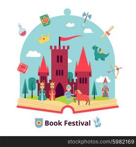 Fairytale concept with open book and medieval castle and characters vector illustration. Fairytale Concept Illustration