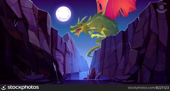 Fairytale dragon flying above river in canyon at night. Vector cartoon fantasy illustration of mountain landscape with magic green beast with red wings, water stream in gorge and moon in sky. Fairytale dragon flying above canyon at night