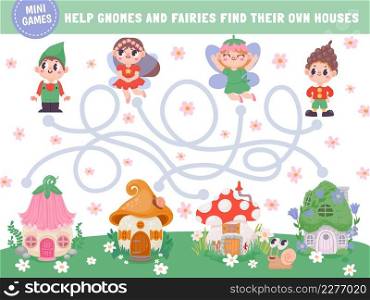 Fairytale game labyrinth, kids logic puzzle with cartoon characters. Maze for preschool children with fairy and gnome find house vector page. Illustration of fairytale game, maze and labyrinth. Fairytale game labyrinth, kids logic puzzle with cartoon characters. Maze for preschool children with fairy and gnome find house vector page