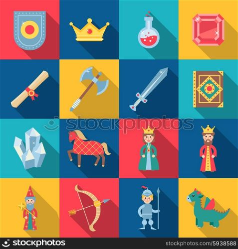 Fairytale game set with shield sword crown gems isolated vector illustration. Fairytale Game Set