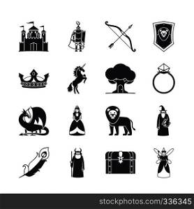 Fairytale icons or fantasy icons. Castle and sword, knight and princess, dragon and crown. Vector illustration. Fairytale and fantasy icons