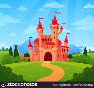 Fairytale landscape with castle. Fantasy palace tower, fantastic fairy house or magic castles kingdom. Old medieval stone tale castle architecture building cartoon vector background. Fairytale landscape with castle. Fantasy palace tower, fantastic fairy house or magic castles kingdom cartoon vector background
