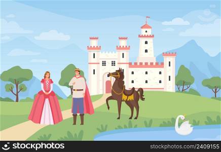Fairytale landscape with castle. Prince and princess standing on meadow with horse. Medieval magical kingdom exterior. Ancient legend characters, romantic couple vector illustration. Fairytale landscape with castle. Prince and princess standing on meadow with horse. Medieval magical kingdom