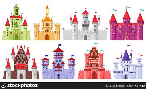 Fairytale medieval towers. Cartoon royal kingdom towers, old ancient magic castles vector illustration set. Medieval architecture stone castle. Mysterious colorful fortress for king and queen. Fairytale medieval towers. Cartoon royal kingdom towers, old ancient magic castles vector illustration set. Medieval architecture stone castle