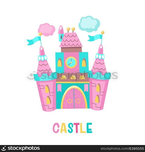 Fairytale pink castle. Vector illustration. Isolated on a white background.