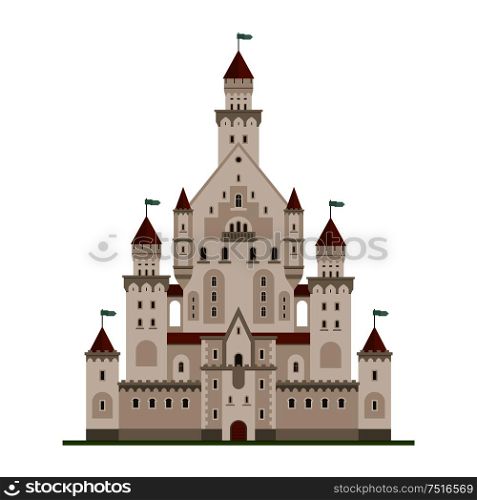 Fairytale royal castle or palace building with various windows, towers and turrets with battlements and flags. Children book, adventure, medieval history themes design. Medieval fairytale castle or palace