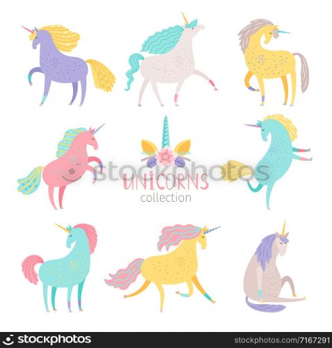 Fairytale unicorn set. Rainbow color girlish pony unicorns isolated on white background vector illustration. Fairytale unicorn set. Rainbow color girlish pony unicorns isolated on white background