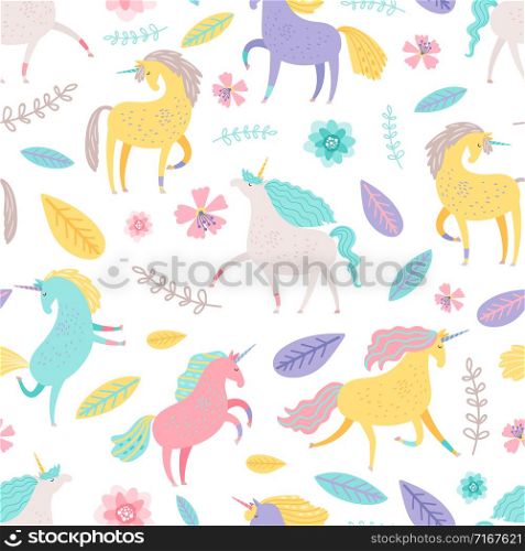 Fairytale unicorn with floral elements vector seamless pattern. Fairytale seamless pattern, cartoon unicorn background illustration. Fairytale unicorn with floral elements vector seamless pattern