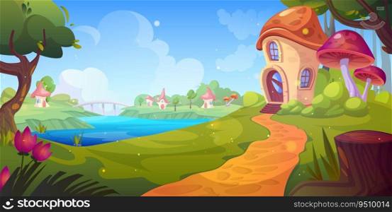 Fairytale village with mushroom houses on green forest glade. Vector cartoon illustration of footpath running to fantasy dwarf huts with doors and windows, bridge across river, clouds in blue sky. Fairytale village with mushroom houses