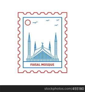 FAISAL MOSQUE postage stamp Blue and red Line Style, vector illustration