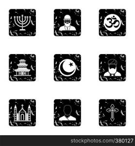 Faith icons set. Grunge illustration of 9 faith vector icons for web. Faith icons set, grunge style