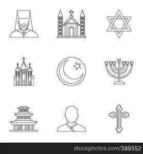 Faith icons set. Outline illustration of 9 faith vector icons for web. Faith icons set, outline style