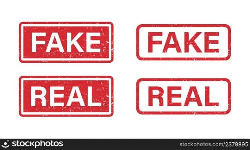 Fake and Real word grunge rubber st&for media and documents. Fake and Real sign sticker. Symbol of truth and lies. Grunge red vintage square label. Vector illustration isolated on white background.. Fake and Real word grunge rubber st&for media and documents. Fake and Real sign sticker. Symbol of truth and lies. Grunge red vintage square label. Vector illustration isolated on white background