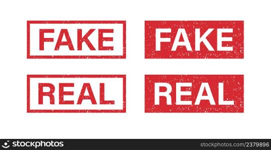 Fake and Real word grunge rubber stamp for media and documents. Fake and Real sign sticker. Symbol of truth and lies. Grunge red vintage square label. Vector illustration isolated on white background.. Fake and Real word grunge rubber stamp for media and documents. Fake and Real sign sticker. Symbol of truth and lies. Grunge red vintage square label. Vector illustration isolated on white background