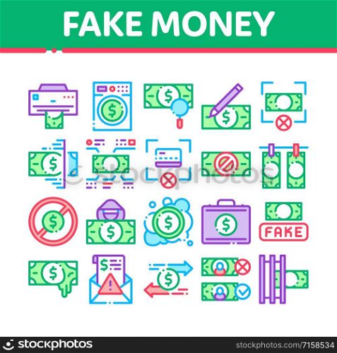 Fake Money Collection Elements Icons Set Vector Thin Line. Bandit Silhouette And Pencil, Printing And Laundering Money Dollar Concept Linear Pictograms. Color Contour Illustrations. Fake Money Collection Elements Icons Set Vector