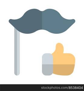 Fake mustache with Thumbs up Logon type isolated on a white background. Fake mustache with Thumbs up Logotype isolated on a white background