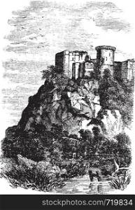 Falaise Castle in Normandy, France, during the 1890s, vintage engraving. Old engraved illustration of xxxxx.