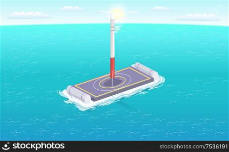 Falcon rocket on sailing platform vector illustration isolated. Autonomous spacecraft on sailboat in deep sea waters, satellite on cargo ship, spaceport. Falcon Rocket Sailing Platform Vector Illustration
