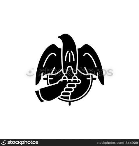 Falconry hunting black glyph icon. Trained hawk, eagle captures small animals. Falcon training technique. Bird of prey. Falconer. Silhouette symbol on white space. Vector isolated illustration. Falconry hunting black glyph icon