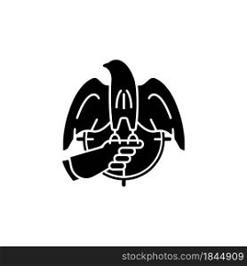Falconry hunting black glyph icon. Trained hawk, eagle captures small animals. Falcon training technique. Bird of prey. Falconer. Silhouette symbol on white space. Vector isolated illustration. Falconry hunting black glyph icon
