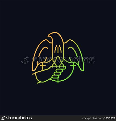Falconry hunting gradient vector icon for dark theme. Trained hawk, eagle captures small animals. Bird of prey. Thin line color symbol. Modern style pictogram. Vector isolated outline drawing. Falconry hunting gradient vector icon for dark theme