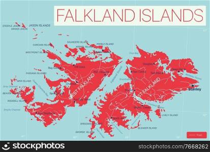 Falkland Islands detailed editable map with regions cities and towns, roads and railways, geographic sites. Vector EPS-10 file. Falkland Islands detailed editable map