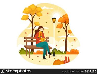 Fall Activity Vector Illustration with Activities like a People Rides a Bicycle, Read Book, Relax or Jogging in the Autumn City Park Templates