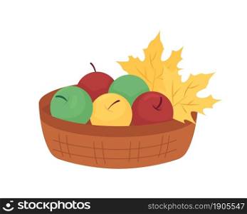 Fall apple basket semi flat color vector objects. Autumn seasonal fruits. Full item on white. Autumnal harvest isolated modern cartoon style illustration for graphic design and animation. Fall apple basket semi flat color vector objects