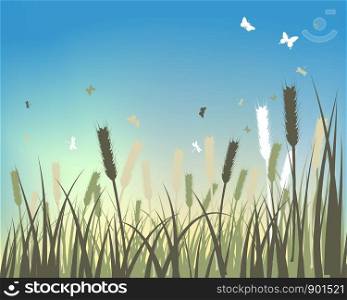 Fall (Autumn) Meadow Background With Flying Butterflies. Vector Illustration.