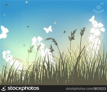 Fall (Autumn) Meadow Background With Flying Butterflies. Vector Illustration.