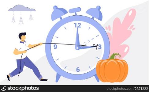 Fall Back with graphic alarm and schedule to set the clock back one hour Daylight saving time and change clock to one hour back tiny person concept. Wintertime and summertime watch settings. Fall Back with graphic alarm and schedule to set the clock back one hour Daylight saving time and change clock