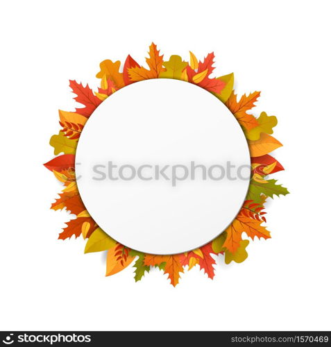 Fall banner for autumn sale. Vector round label with leaves for thanksgiving day. Foliage badge design. October voucher sign. Blank offer poster.. Fall banner for autumn sale. Vector round label with leaves for thanksgiving day. Foliage badge design. October voucher sign. Blank offer poster